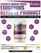 Promotional flyer for Athletic Alliance Start-BHB, highlighting Canada's highest dosed exogenous ketone product for hydration, energy, and endurance.