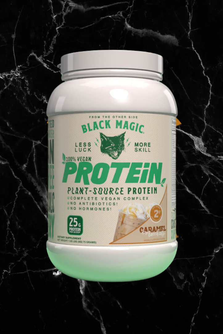Black Magic Supply vegan protein supplement in caramel flavor with 25g plant-based protein per serving, ideal for fitness and nutrition needs.