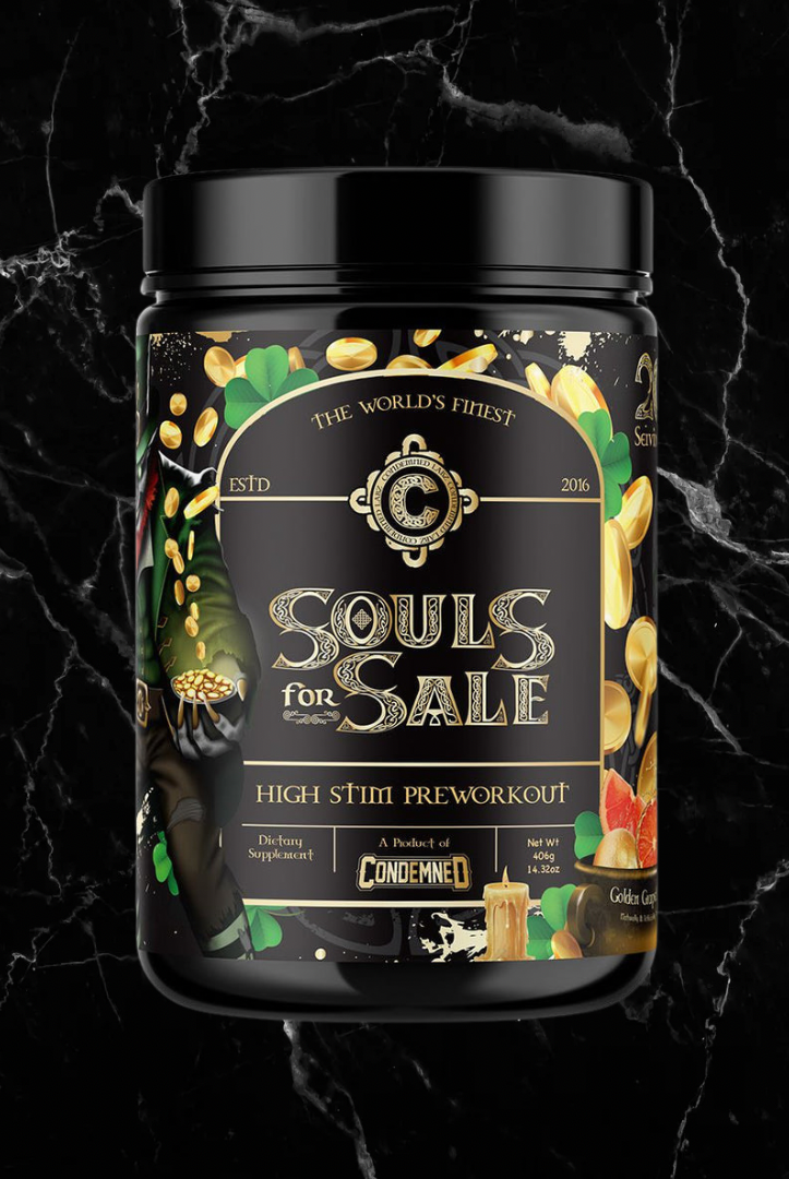 Golden Grapefruit Pre-Workout - Souls 4 Sale by Condemned Labz with bold black and gold label, designed for high-stim energy and endurance boosts.