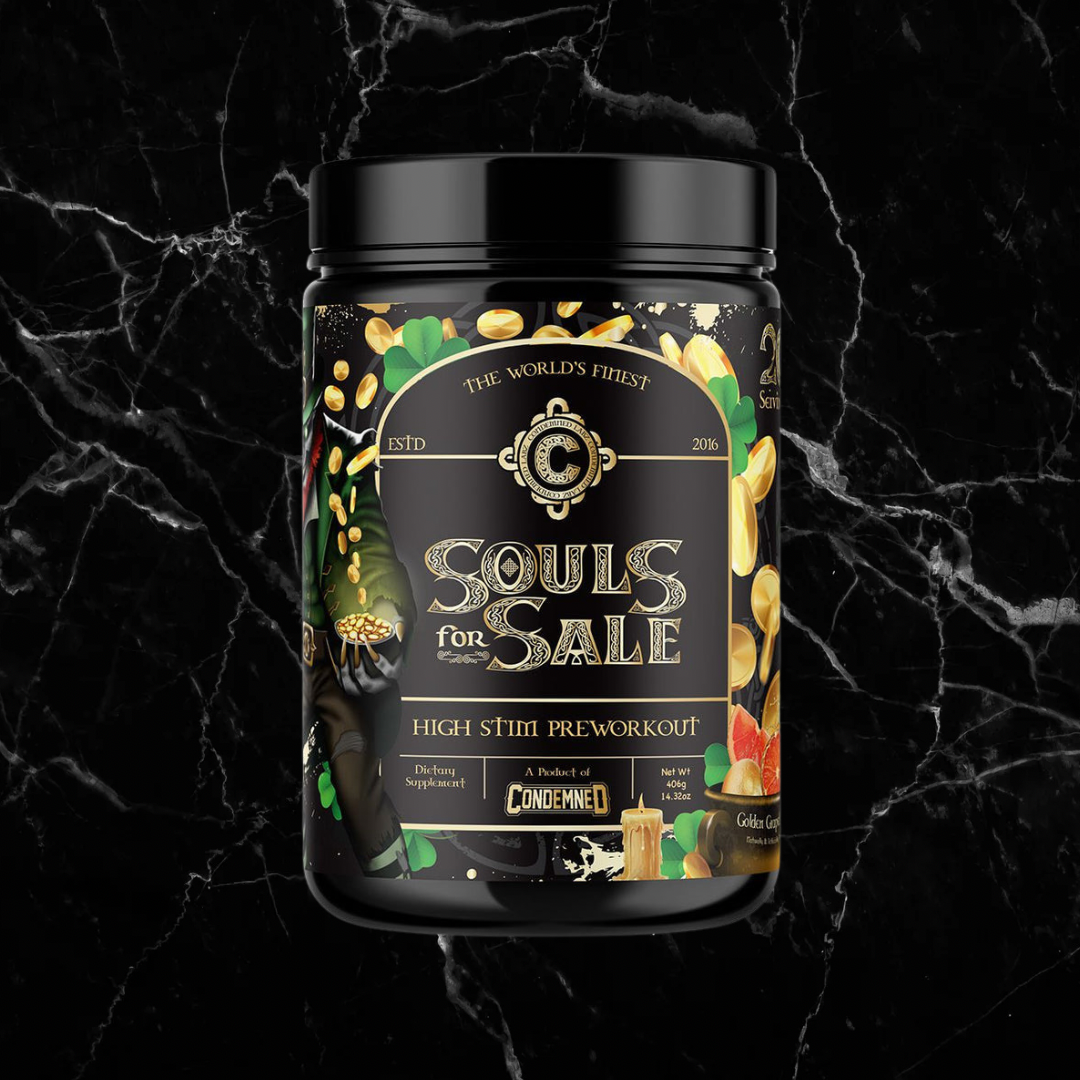 Golden Grapefruit Pre-Workout - Souls 4 Sale by Condemned Labz with bold black and gold label, designed for high-stim energy and endurance boosts.