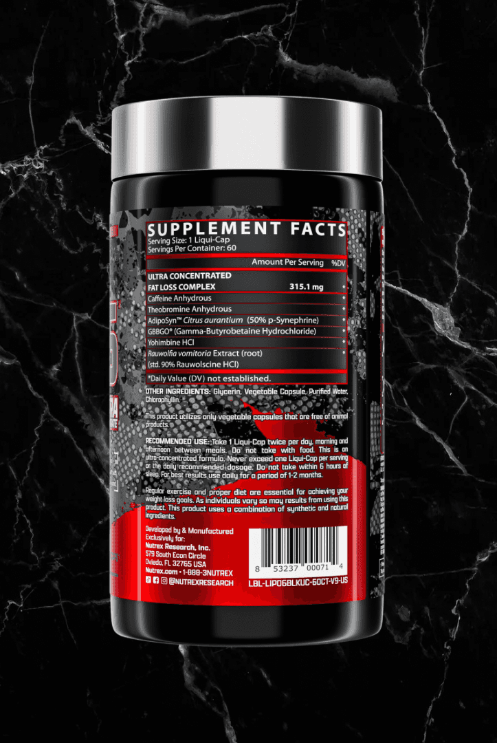 Back label of Nutrex Lipo6 BLACK Ultra showing supplement facts and ingredients. Includes caffeine, yohimbine, and synephrine for fat burning.