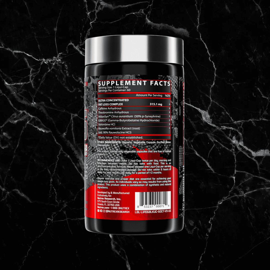 Back label of Nutrex Lipo6 BLACK Ultra showing supplement facts and ingredients. Includes caffeine, yohimbine, and synephrine for fat burning.