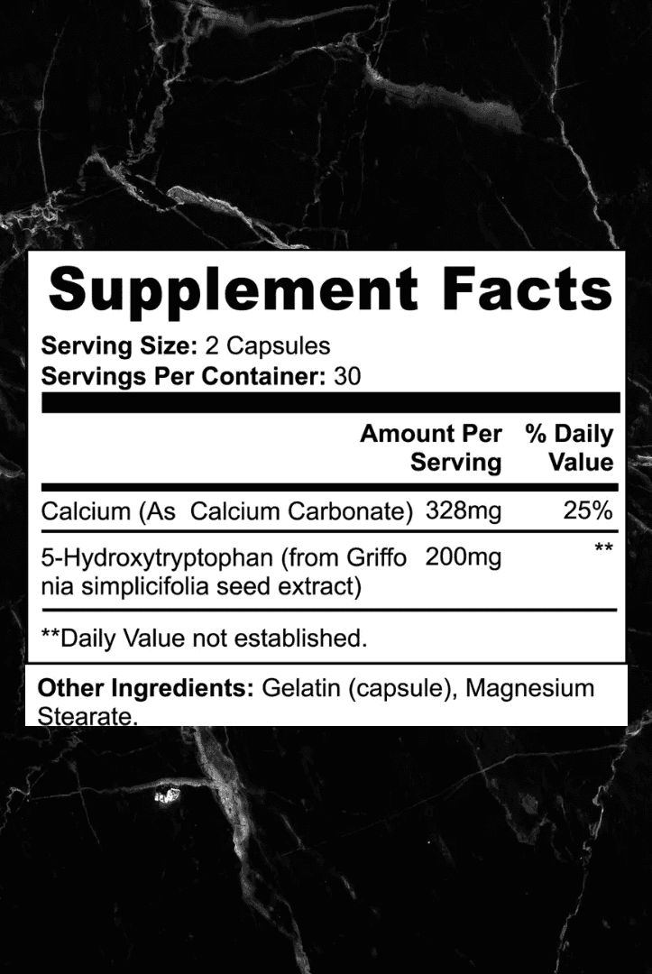 Supplement facts label for 5-HTP Mood Booster showing 200mg 5-Hydroxytryptophan per serving, supports serotonin levels and mood enhancement.