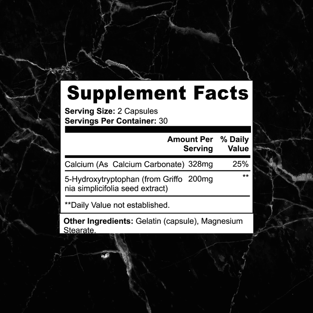 Supplement facts label for 5-HTP Mood Booster showing 200mg 5-Hydroxytryptophan per serving, supports serotonin levels and mood enhancement.