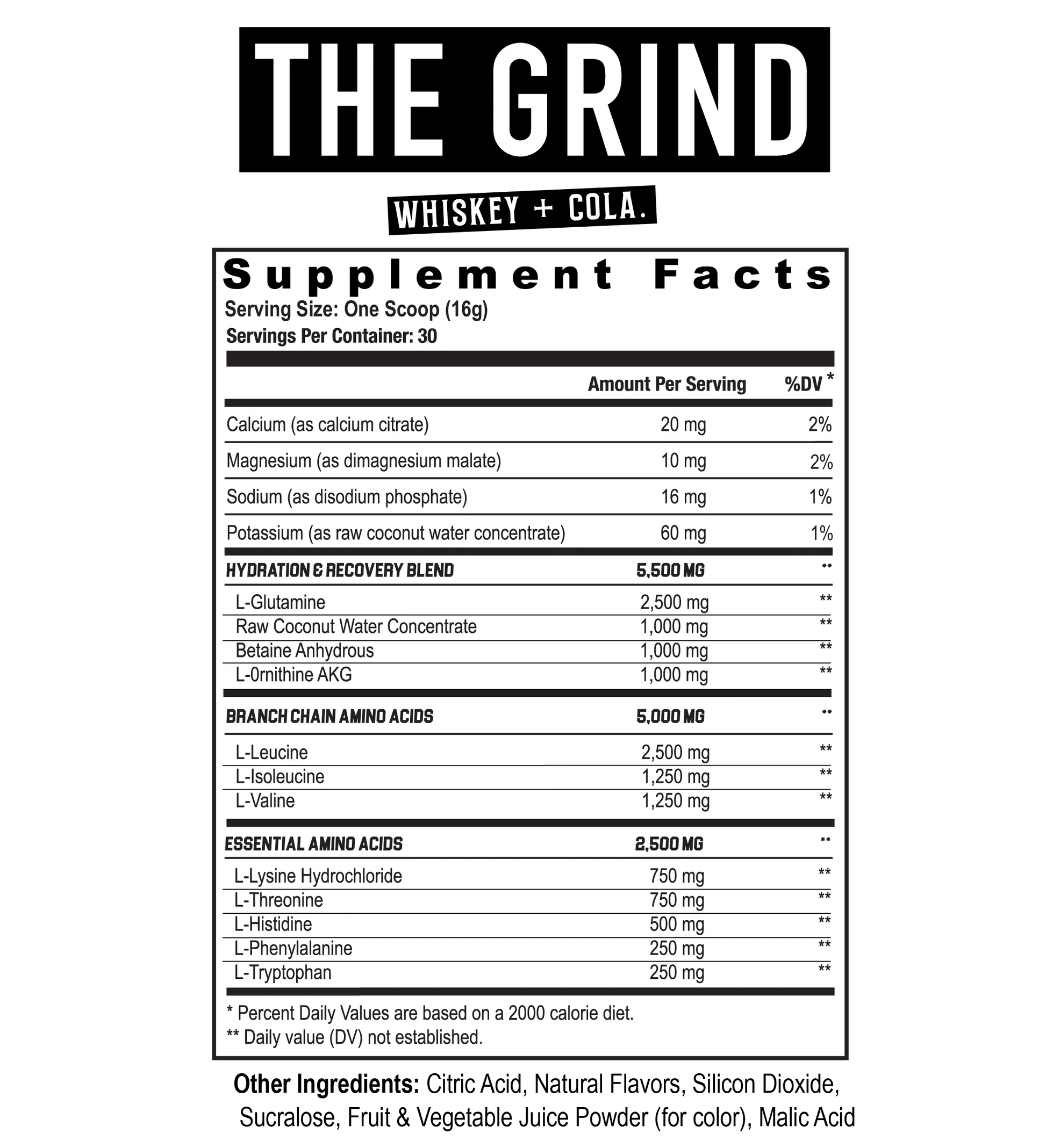 Supplement facts for Axe Sledge The Grind Whiskey Cola flavor. Includes hydration and recovery blend with EAAs and BCAAs for performance.