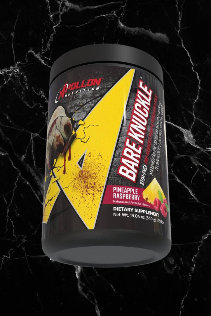 Pineapple Raspberry Apollon Bare Knuckle stim-free pre-workout with nitrate matrix for power and endurance, premium 640g supplement.