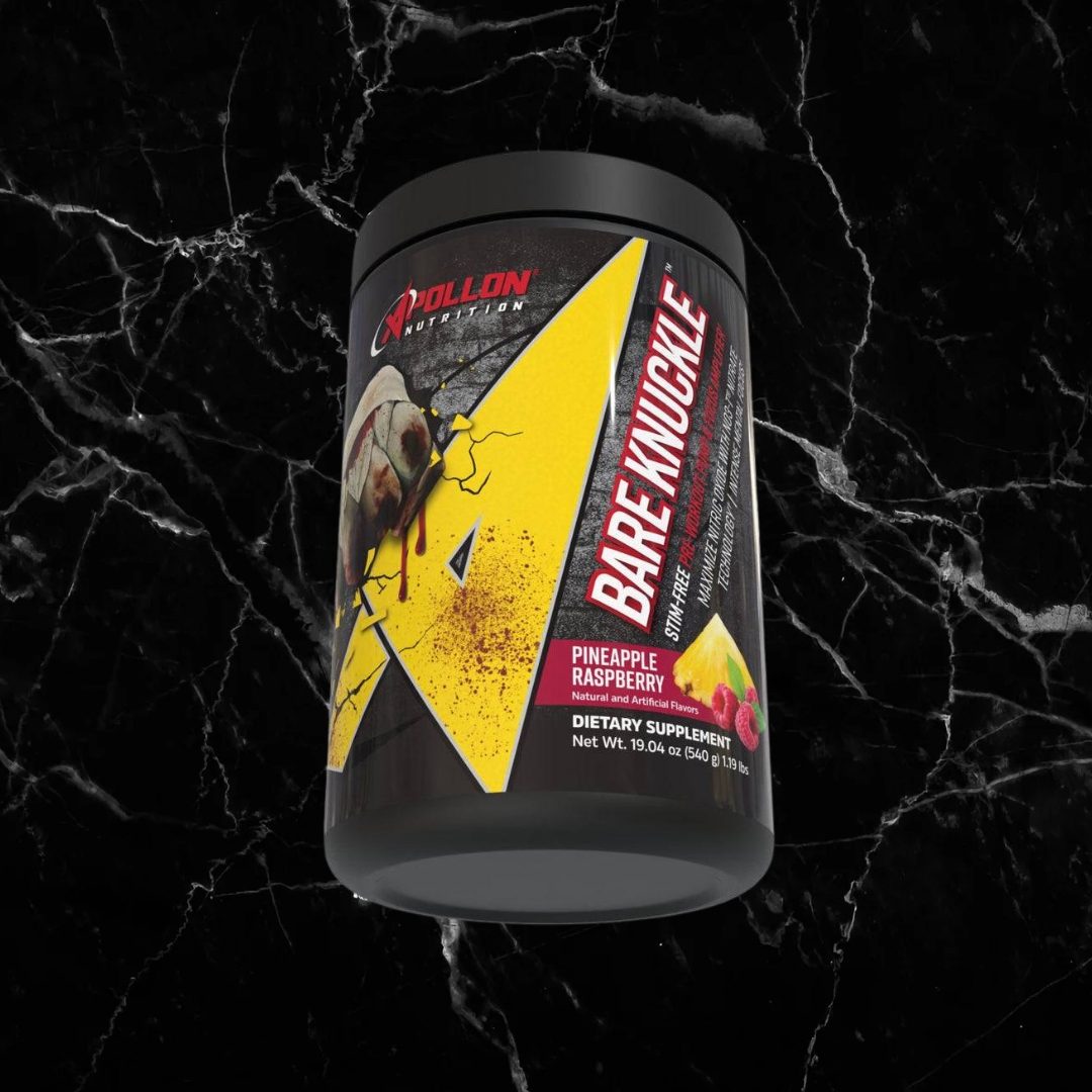 Pineapple Raspberry Apollon Bare Knuckle stim-free pre-workout with nitrate matrix for power and endurance, premium 640g supplement.