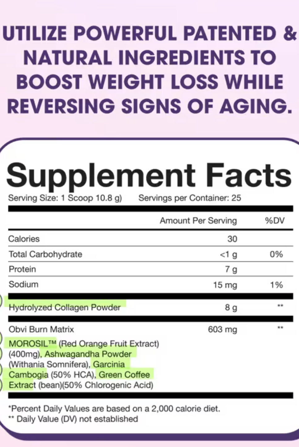 Supplement facts label for Obvi Collagenic Burn Powder Fruit Punch flavor, listing collagen, Morosil, and herbal ingredients for weight loss support.