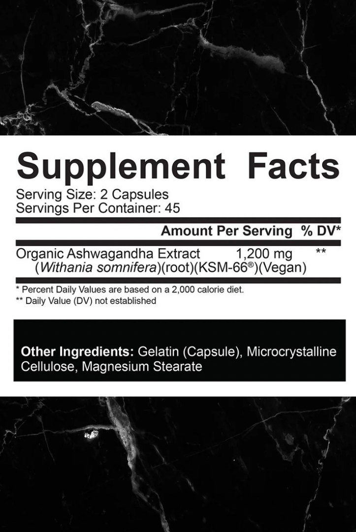 Supplement facts label for Rich Piana 5% Nutrition KSM-66 Ash showing 1200mg organic ashwagandha per serving and vegan-friendly ingredients.