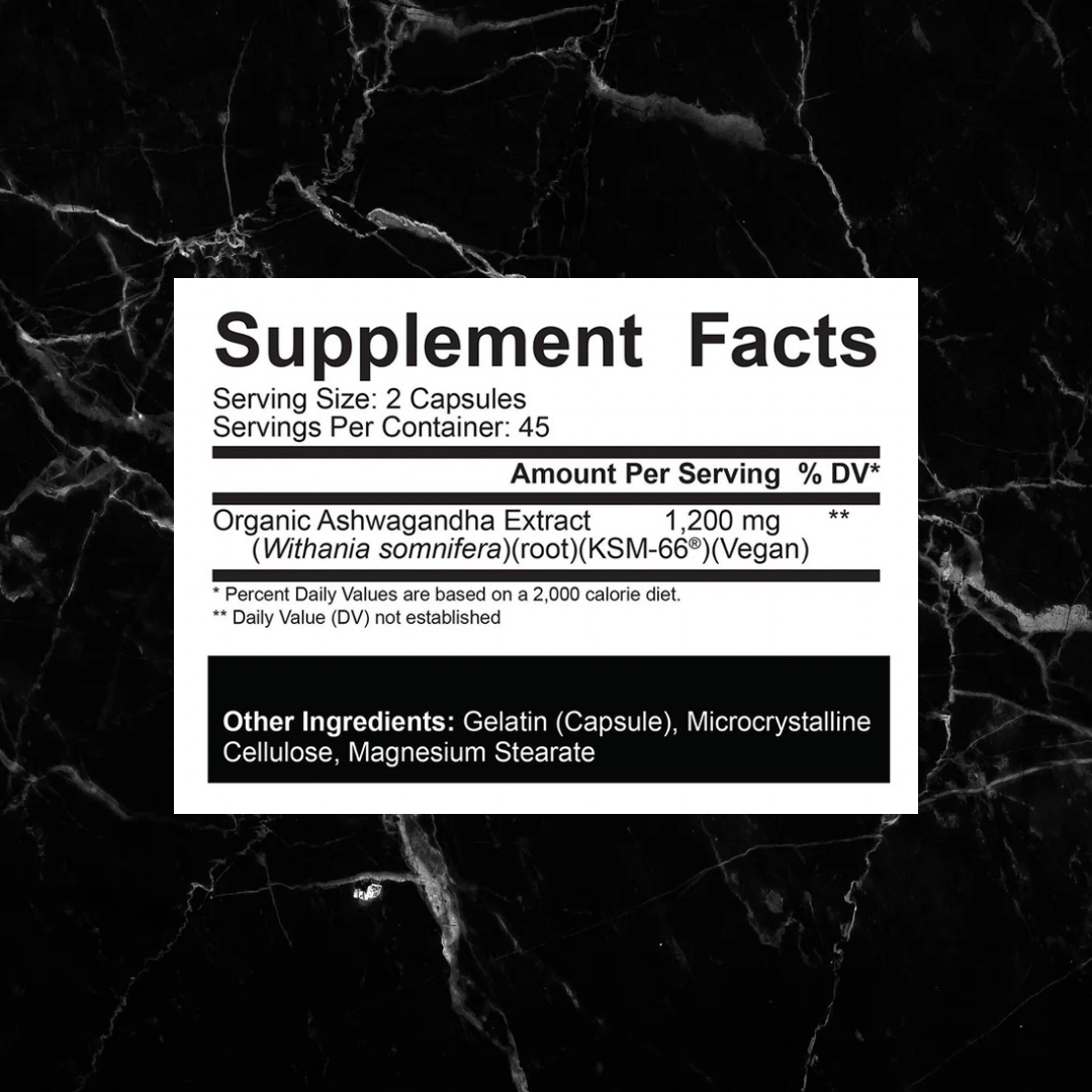 Supplement facts label for Rich Piana 5% Nutrition KSM-66 Ash showing 1200mg organic ashwagandha per serving and vegan-friendly ingredients.