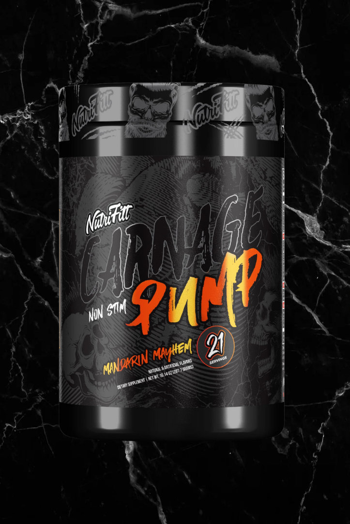Nutrifitt Pump Carnage Non-Stim Formula in Mandarin Mayhem flavor, designed for intense pumps and vascularity without stimulants.