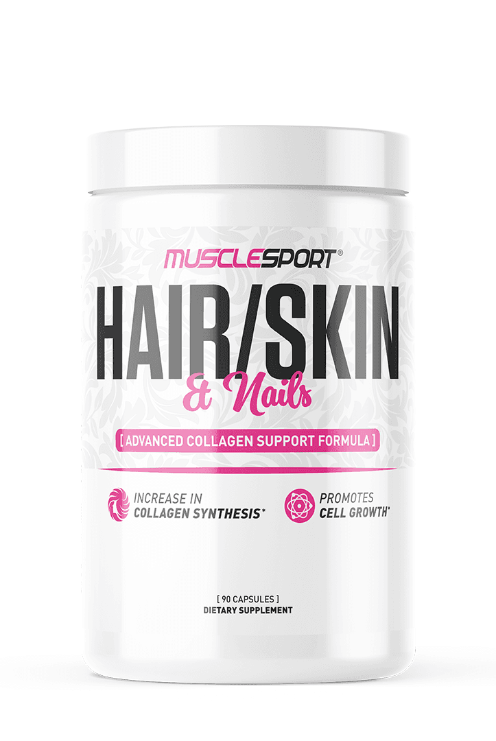MuscleSport Hair Skin Nails collagen supplement in white bottle, promotes collagen synthesis and cell growth for beauty enhancement.