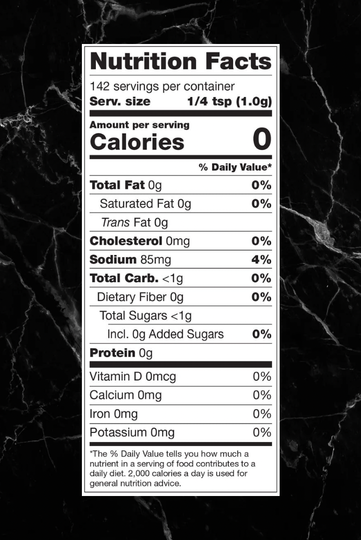 Nutrition label for Cayenne Candy - Spicy Seasoning Mix showing zero calories, zero fat, and low sodium per 1/4 tsp serving.