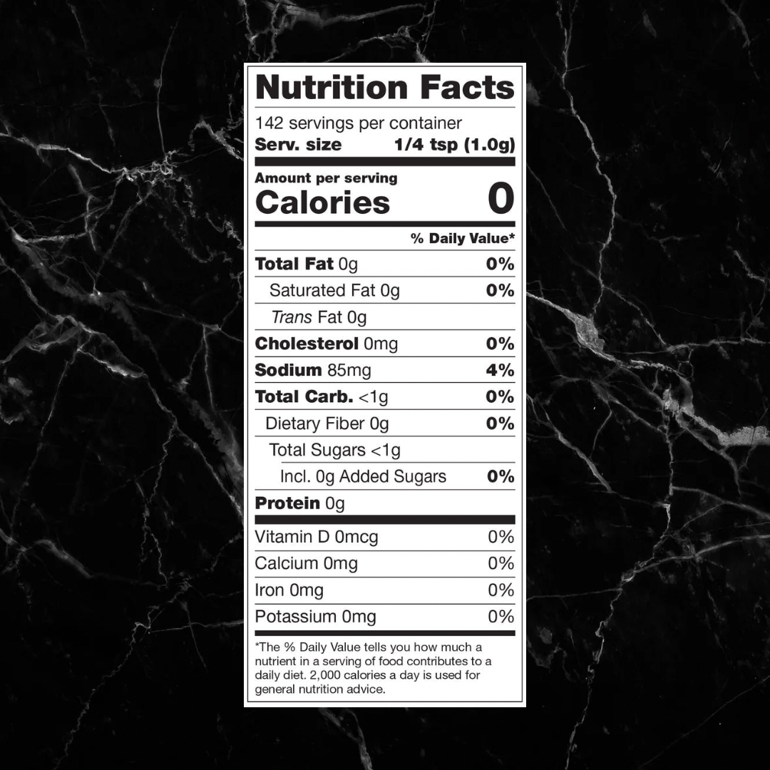 Nutrition label for Cayenne Candy - Spicy Seasoning Mix showing zero calories, zero fat, and low sodium per 1/4 tsp serving.
