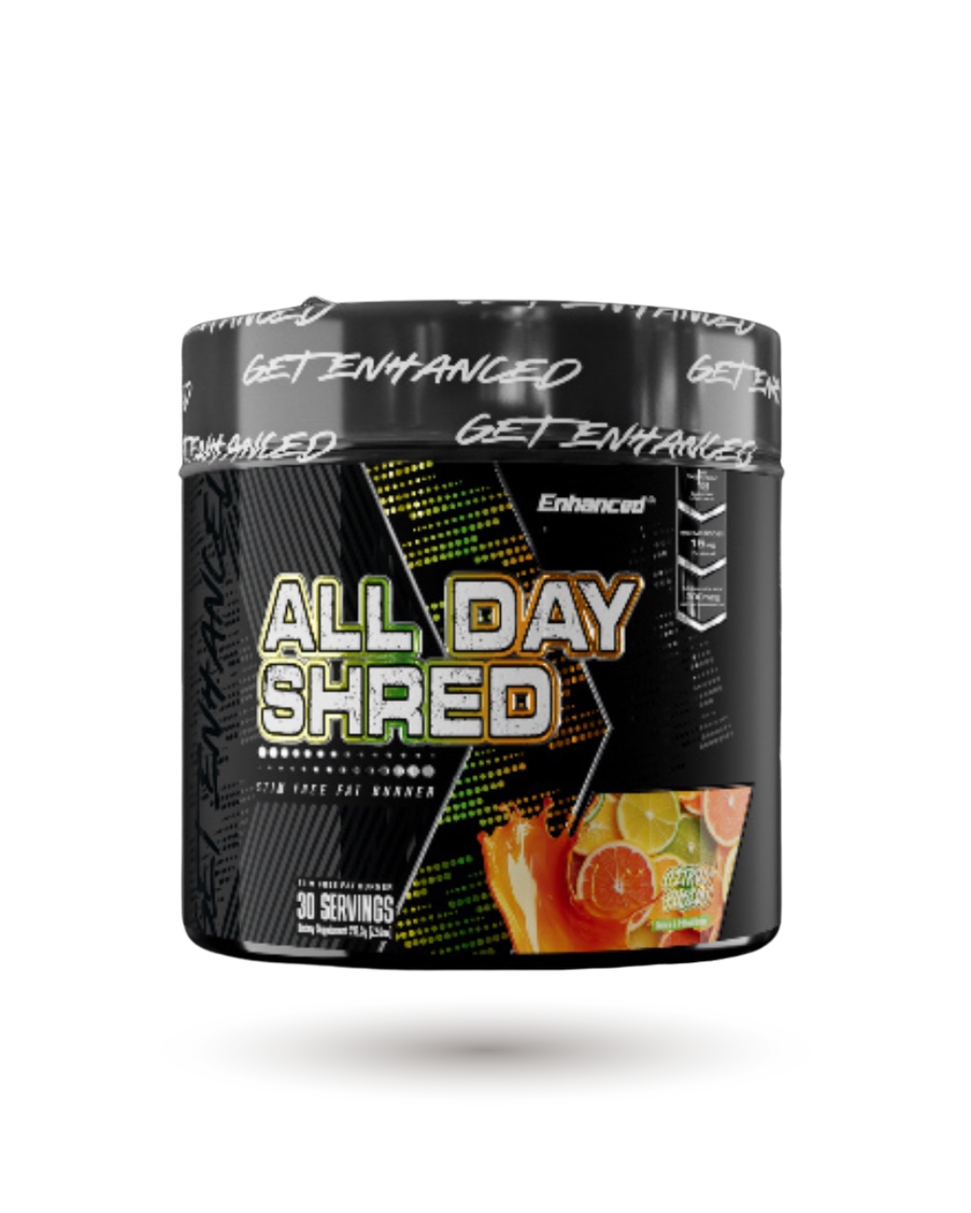 Enhanced All Day Shred Essentials citrus flavor fat burner supplement with 30 servings for 24/7 metabolism support and weight loss.