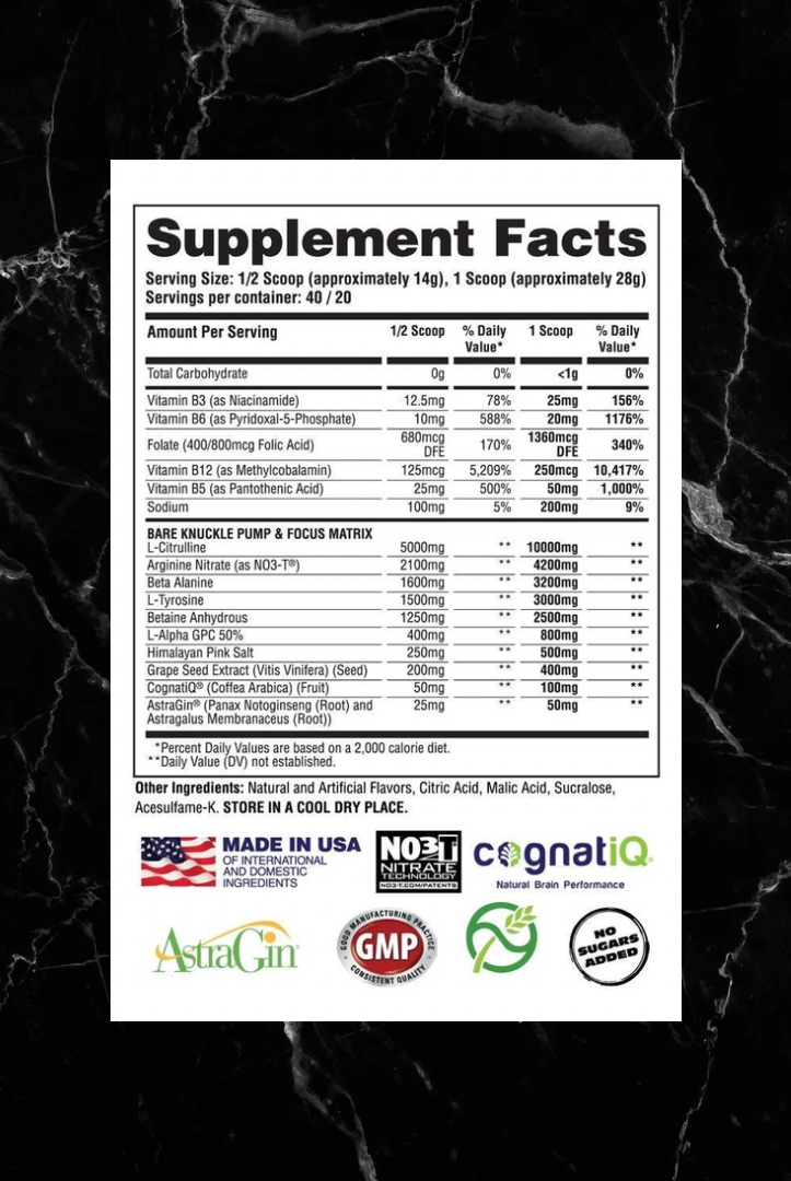 Supplement facts label for Apollon Bare Knuckle Non-Stimulant Pre-Workout showing detailed ingredients and dosage per serving.