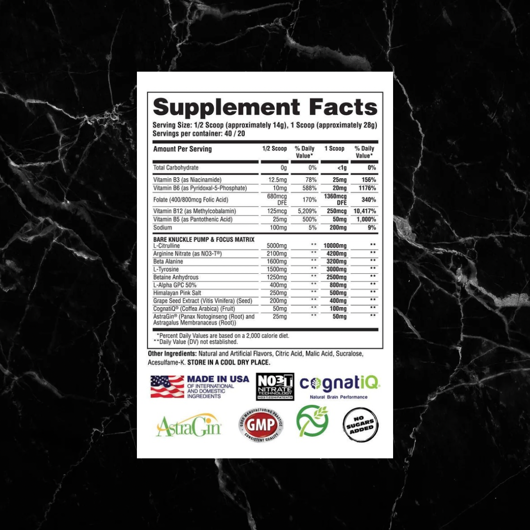 Supplement facts label for Apollon Bare Knuckle Non-Stimulant Pre-Workout showing detailed ingredients and dosage per serving.