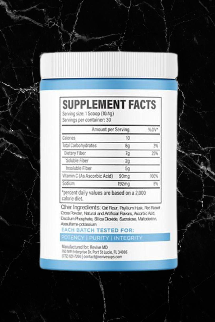 Supplement facts label of Revive Fiber Chocolate Supplement showing 8g total fiber per serving, including soluble and insoluble fiber for digestive support.
