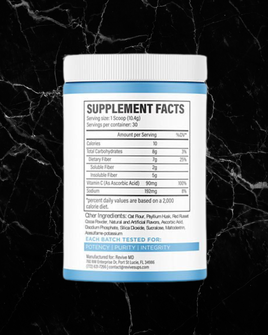 Supplement facts label of Revive Fiber Chocolate Supplement showing 8g total fiber per serving, including soluble and insoluble fiber for digestive support.