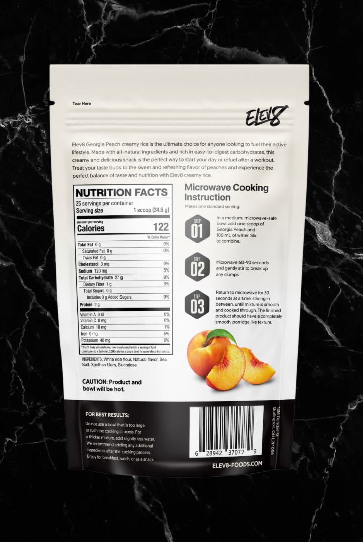 Back of ELEV8 Creamy Rice Georgia Peach pouch with nutritional info and microwave prep steps for a quick energy meal.