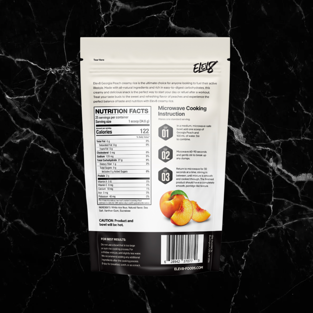 Back of ELEV8 Creamy Rice Georgia Peach pouch with nutritional info and microwave prep steps for a quick energy meal.