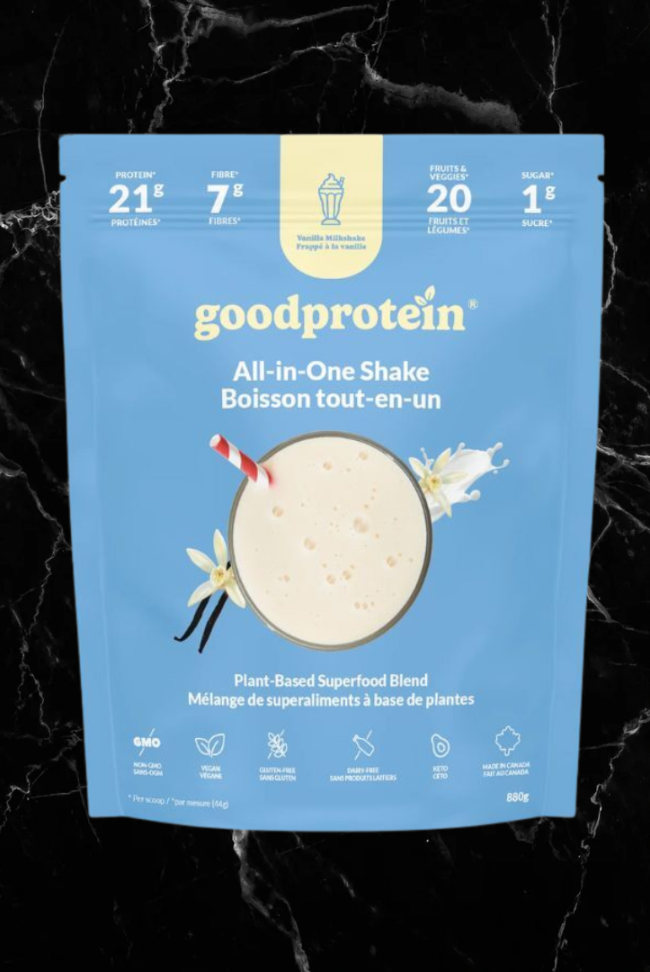 goodprotein Plant Blend Vanilla Milkshake flavor, vegan protein shake with 21g protein, 7g fiber, and 1g sugar, in a blue pouch for fitness nutrition.