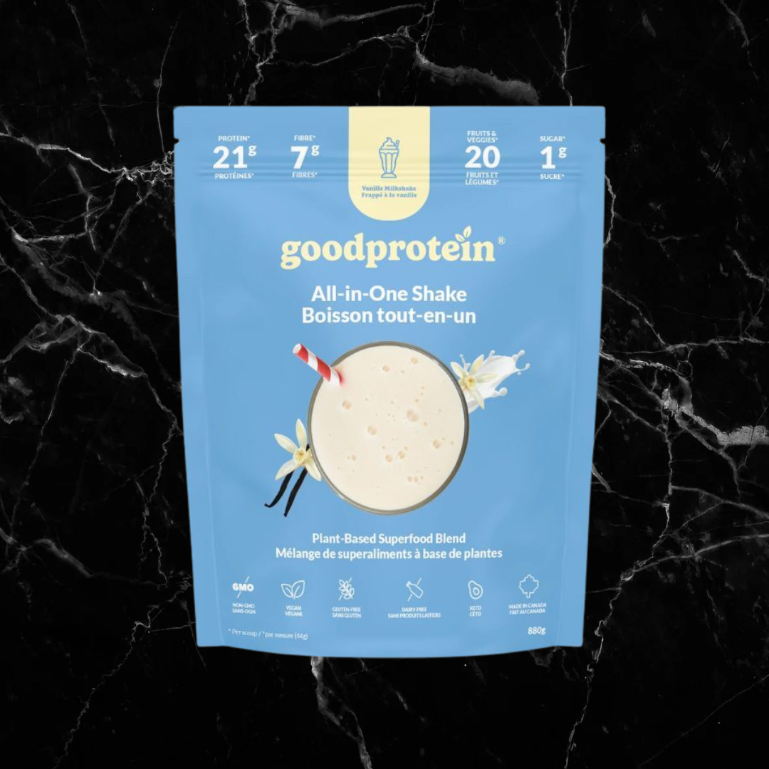 goodprotein Plant Blend Vanilla Milkshake flavor, vegan protein shake with 21g protein, 7g fiber, and 1g sugar, in a blue pouch for fitness nutrition.