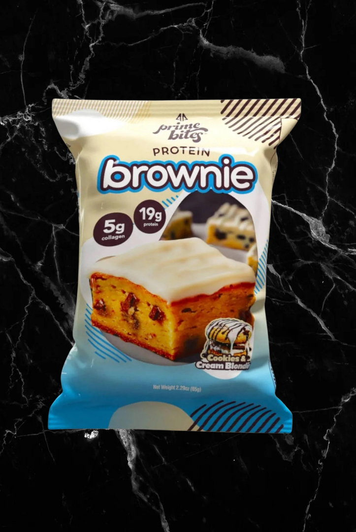 Alpha Prime Bites Cold Stone Cream Blondie Protein Brownie packed with 19g protein and 5g collagen, a tasty supplement for active lifestyles.