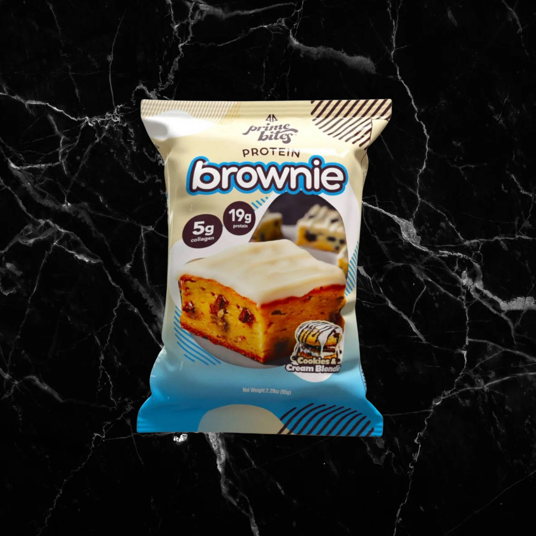 Alpha Prime Bites Cold Stone Cream Blondie Protein Brownie packed with 19g protein and 5g collagen, a tasty supplement for active lifestyles.