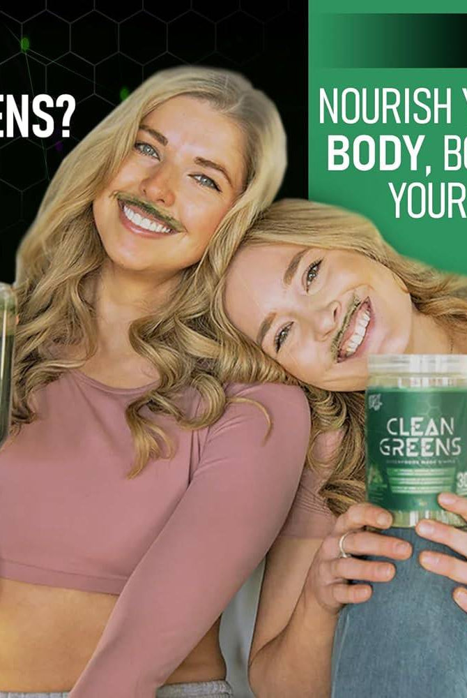 Two women enjoying VNDL Clean Greens drink, promoting body nourishment and energy boost with superfood-rich greens supplement.