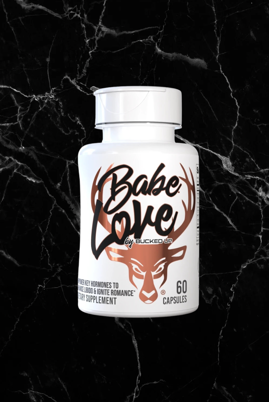Babe Love by BUCKED UP women's libido supplement bottle with deer logo, featuring 60 capsules for hormonal balance and romance support.