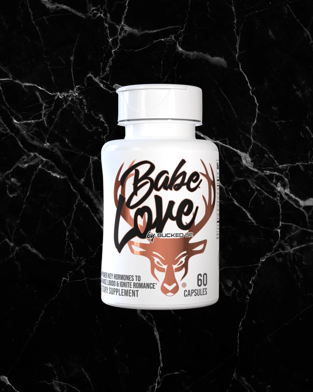 Babe Love by BUCKED UP women's libido supplement bottle with deer logo, featuring 60 capsules for hormonal balance and romance support.