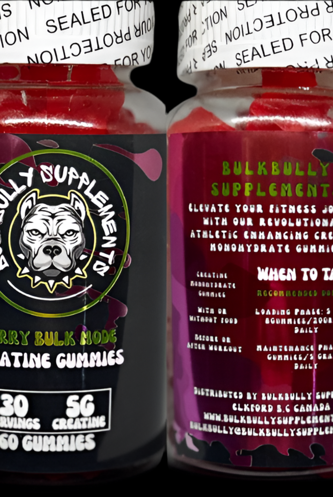 Front and back label of BulkBully Strawberry Creatine Gummies bottle showing 30 servings and 5g creatine per serving for fitness support.
