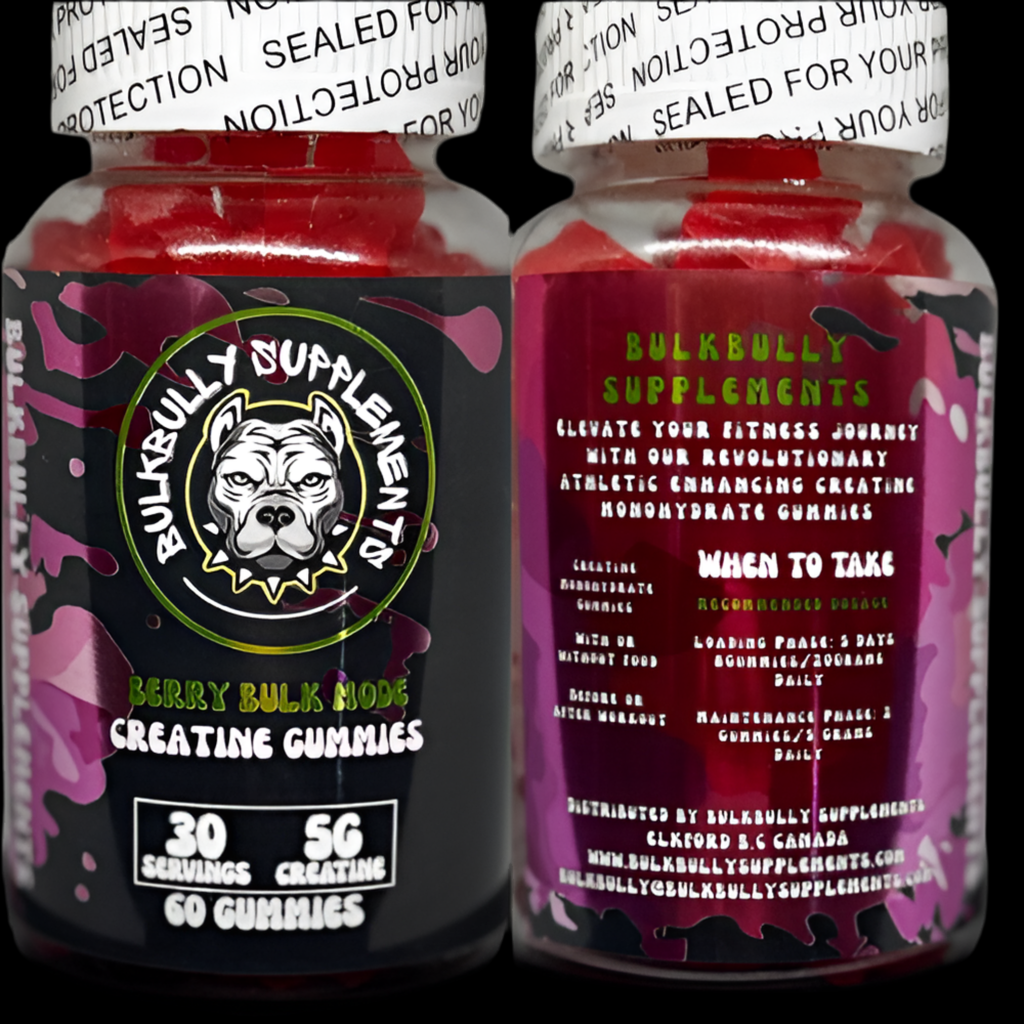 Front and back label of BulkBully Strawberry Creatine Gummies bottle showing 30 servings and 5g creatine per serving for fitness support.