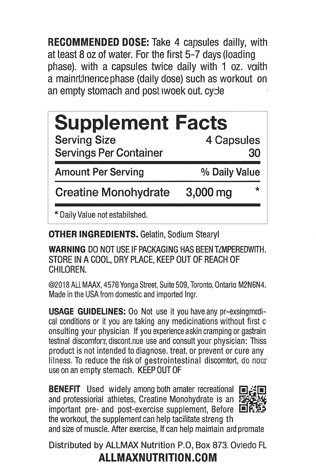 Close-up of ALLMAX Creatine 3000 Capsules supplement facts and usage guidelines. Includes dosage, ingredients, and safety warnings.