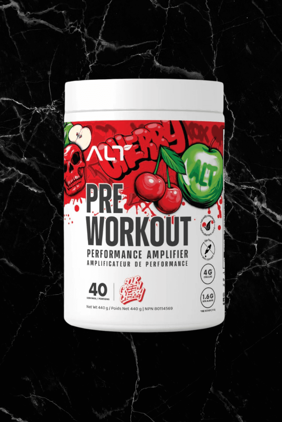 ALT Pre-Workout Sour Green Cherry flavour with bold cherry graphics on a black marble background. Clean energy boost for enhanced performance.