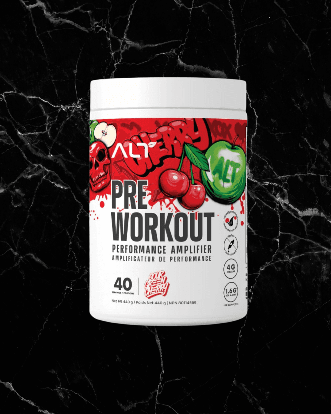ALT Pre-Workout Sour Green Cherry flavour with bold cherry graphics on a black marble background. Clean energy boost for enhanced performance.