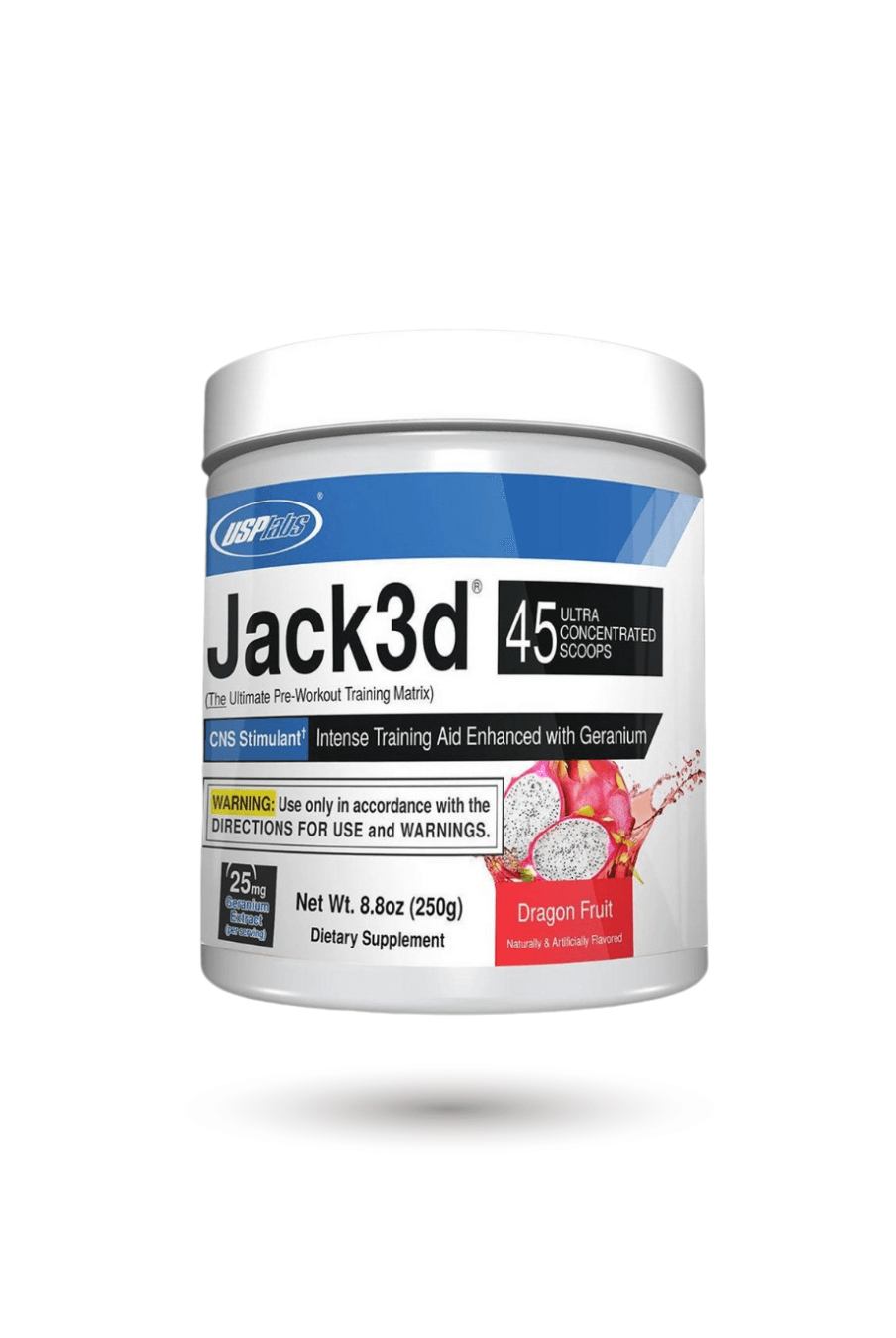 Jack3d Pre-Workout Dragon Fruit flavor with DMHA, 45 servings by USP Labs. Boosts energy and focus for peak workout performance.
