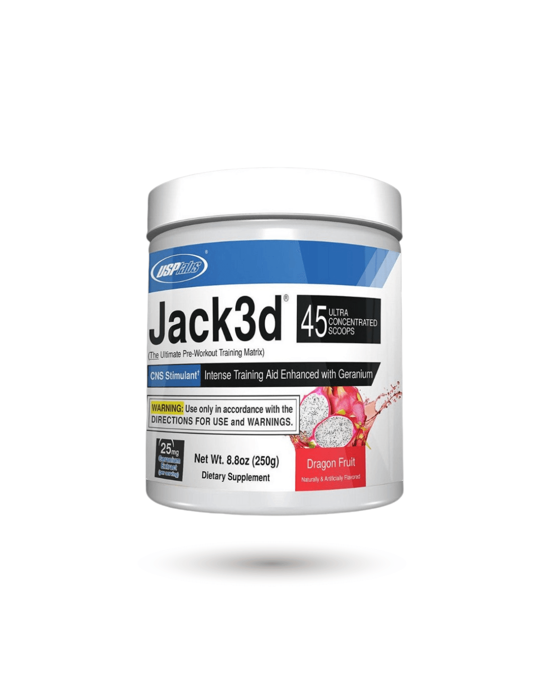 Jack3d Pre-Workout Dragon Fruit flavor with DMHA, 45 servings by USP Labs. Boosts energy and focus for peak workout performance.