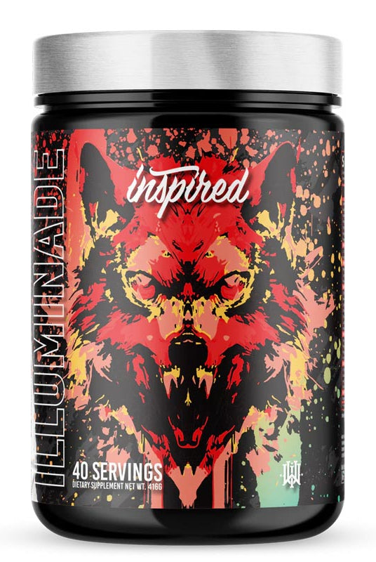 INSPIRED DVST8 Dark Pre Workout ILLUMINATE flavor with fierce red wolf artwork, offering 40 servings of intense energy boost for workouts.