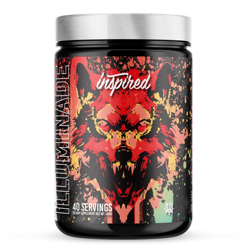 INSPIRED DVST8 Dark Pre Workout ILLUMINATE flavor with fierce red wolf artwork, offering 40 servings of intense energy boost for workouts.