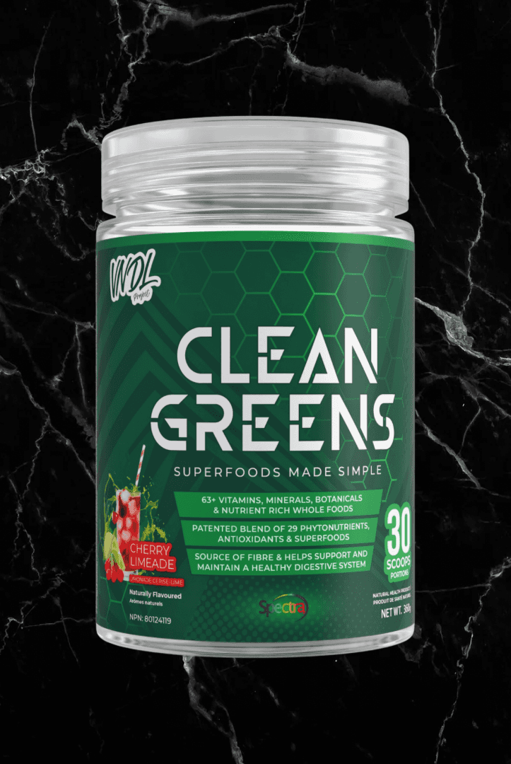 VNDL Clean Greens Cherry Limeade flavor supplement with 63 vitamins and botanicals to boost energy, immunity, and digestion. 30 servings.