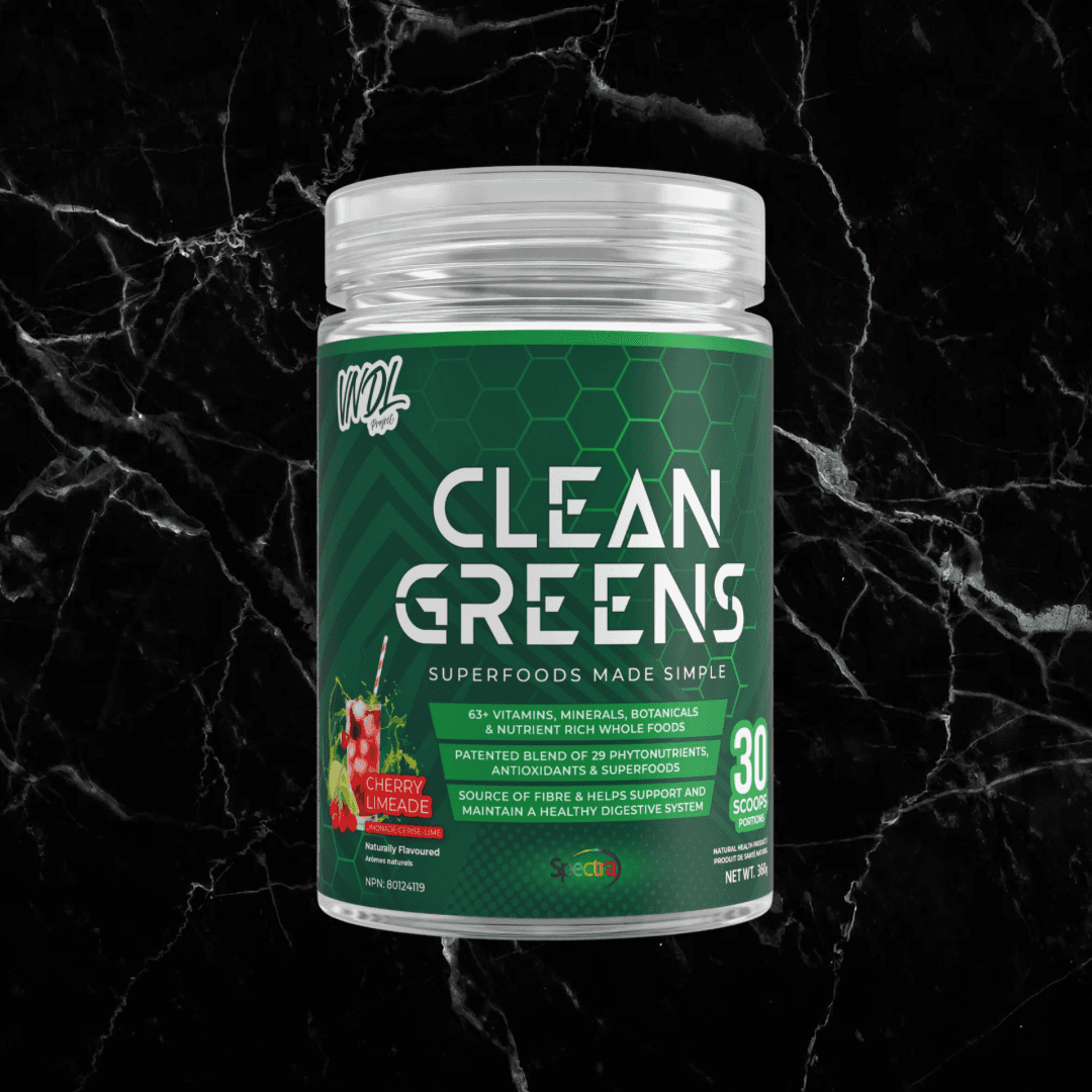 VNDL Clean Greens Cherry Limeade flavor supplement with 63 vitamins and botanicals to boost energy, immunity, and digestion. 30 servings.