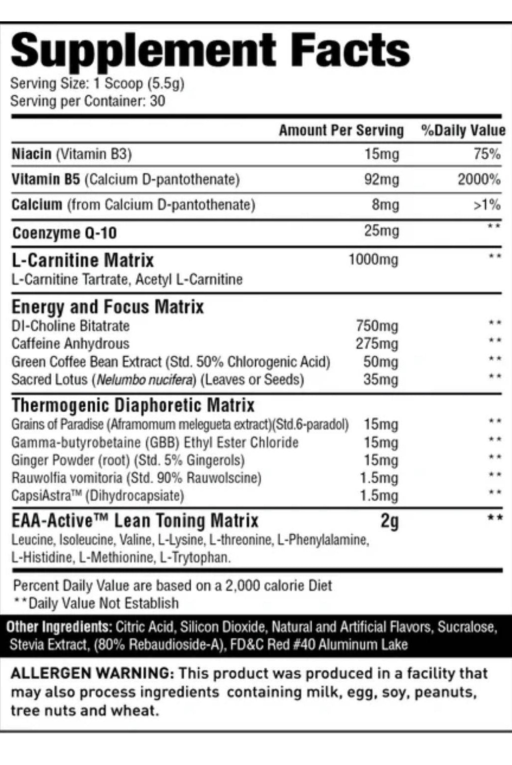 Supplement facts for Carnishred+mitoburn liquid catalyst