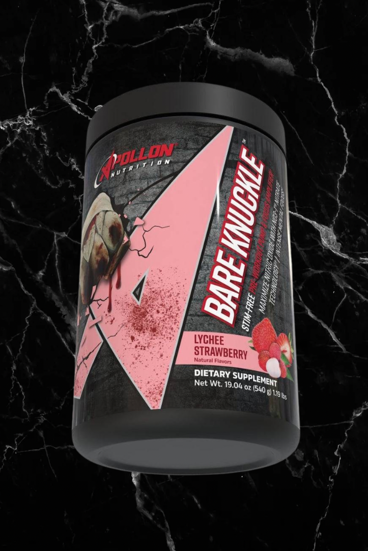 Lychee Strawberry Bare Knuckle non-stimulant pre-workout by Apollon, designed for intense pump and focus without caffeine, 640g tub.
