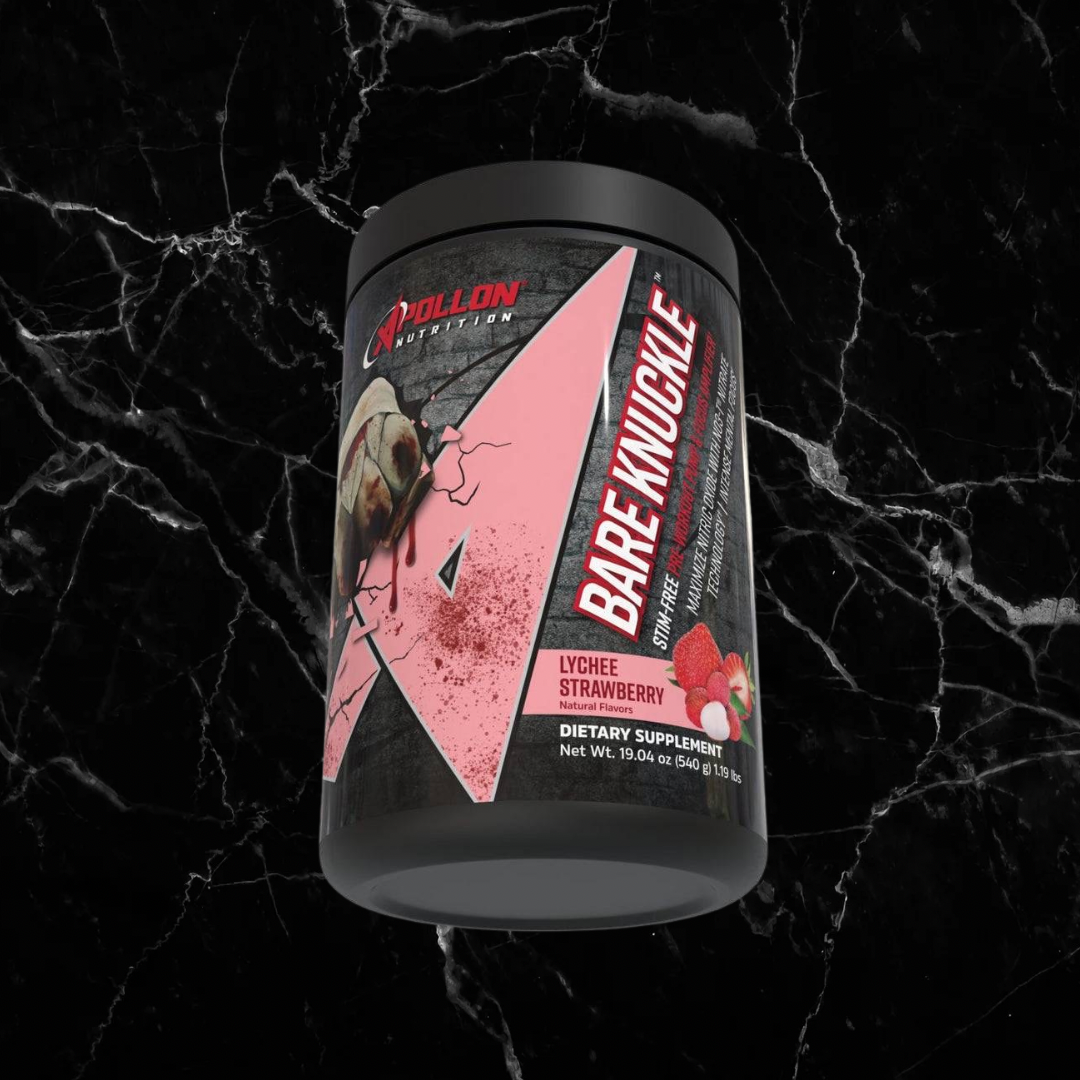 Lychee Strawberry Bare Knuckle non-stimulant pre-workout by Apollon, designed for intense pump and focus without caffeine, 640g tub.