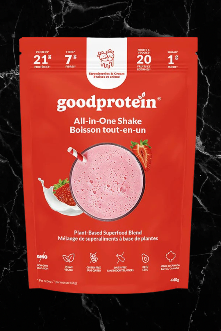 goodprotein Plant Blend Strawberries & Cream flavor, vegan protein powder with 21g protein and 1g sugar, in a red pouch for plant-based nutrition.