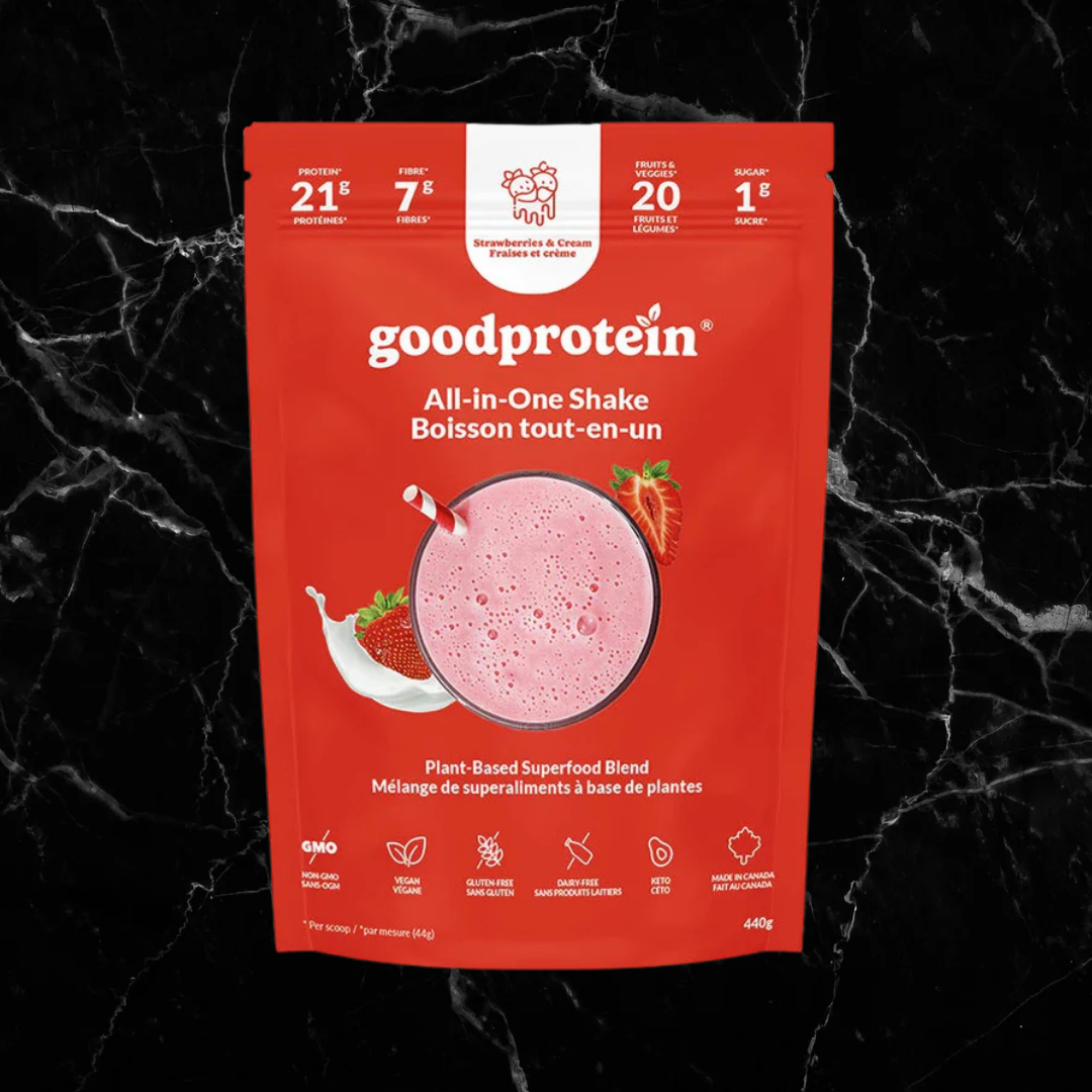 goodprotein Plant Blend Strawberries & Cream flavor, vegan protein powder with 21g protein and 1g sugar, in a red pouch for plant-based nutrition.
