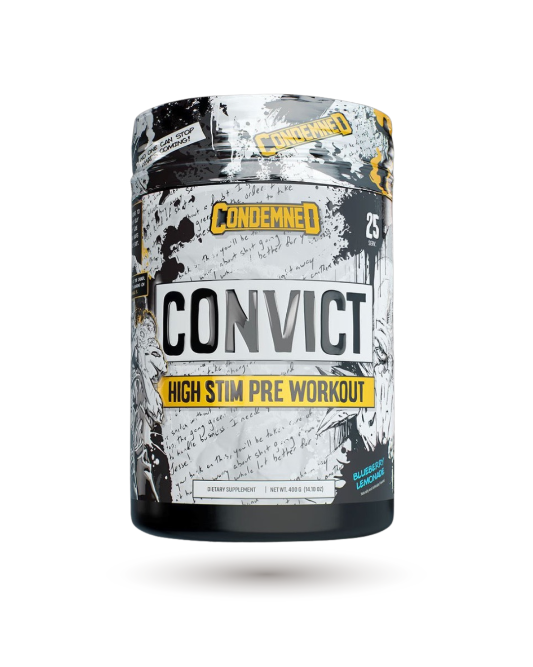 Blueberry Lemonade Condemned Convict Pre-Workout, high stim formula boosting energy, focus, and thermogenic performance for athletes.