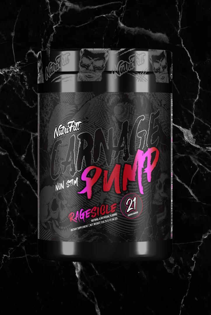Nutrifitt Pump Carnage Non-Stim Formula in Ragesicle flavor, ideal for stimulant-free workouts with maximum pump and vascularity.